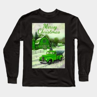 Green barn retro car Christmas tree - Merry Christmas Long Sleeve T-Shirt
